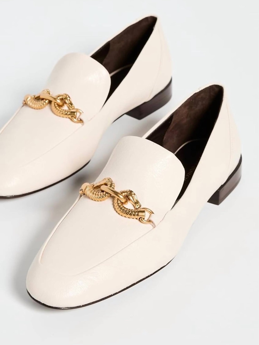 Tory Burch Cream Leather Loafers with Gold Chain Detail